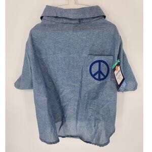 Top Paw Blue Button-Up Dog Shirt with Peace Sign – Size Large
